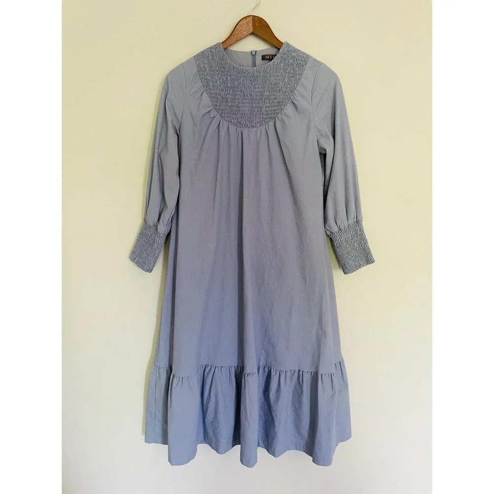 Mila Light Blue Smocked Long Sleeve Tiered‎ MIDI Dress. Size XS. Linen Blend.
